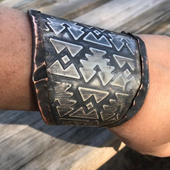 Aztec Sterling Silver 925 Southwestern Copper Cuff Unisex Wide Western Bracelet - Picture 3 of 10
